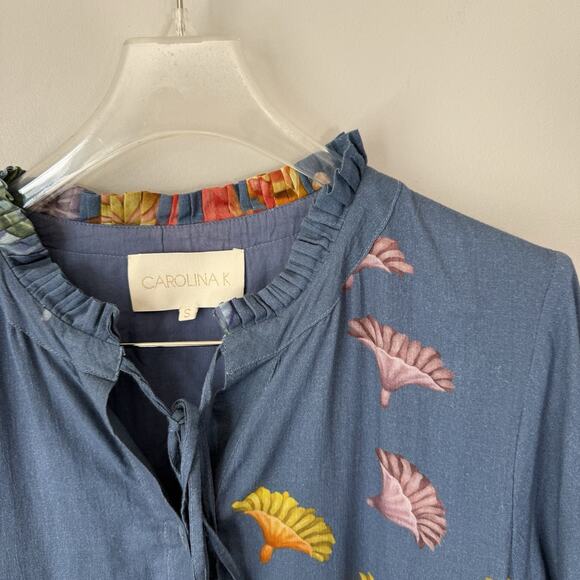 Carolina K Maxi Dress Blue Floral Prints Button Front Size S Long Puff Sleeves - Picture 6 of 11